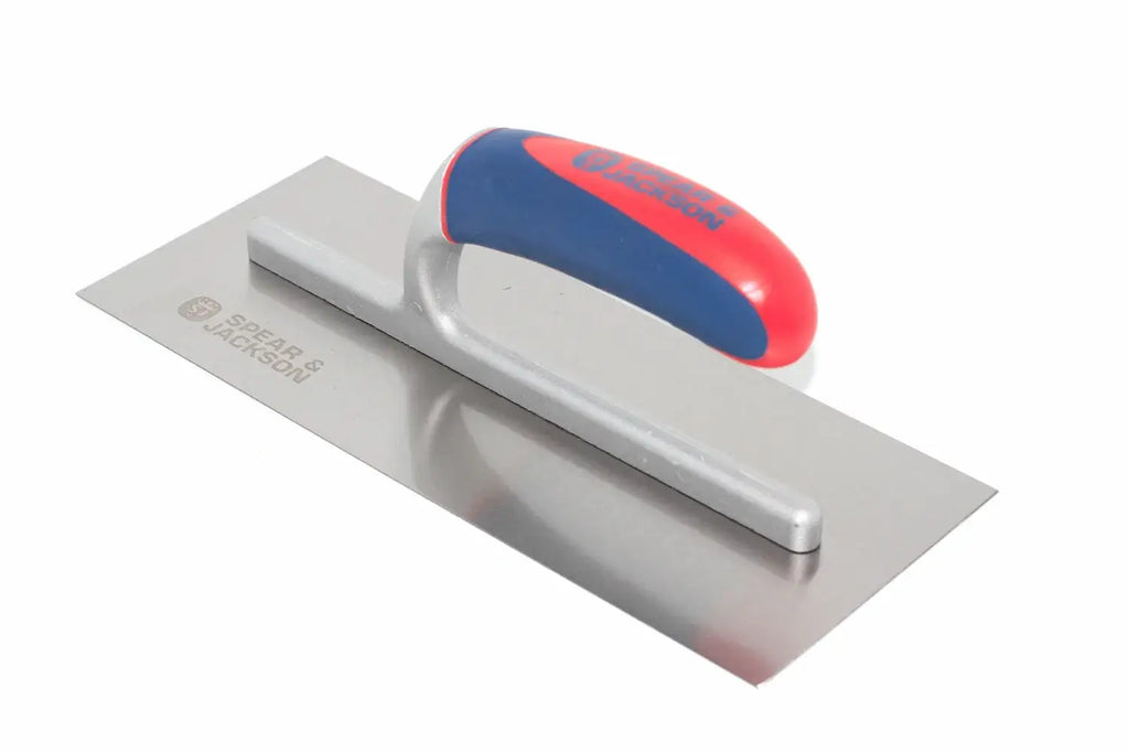 Spear & Jackson plastering trowel with a red and blue ergonomic handle, shown on a plain white background. The blade is stamped with 'Spear' and 'Jackson '.