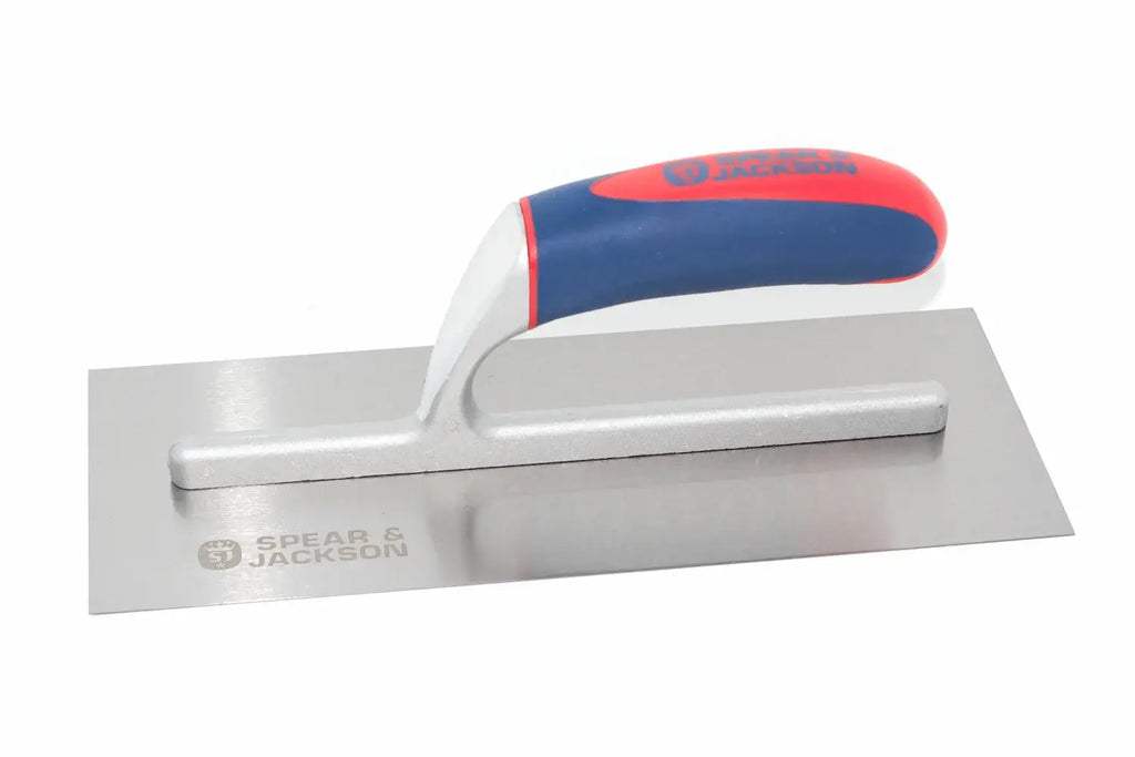 Spear & Jackson plastering trowel with a rectangular steel blade and a blue and red handle, branded Spear & Jackson, shown on a plain white background.