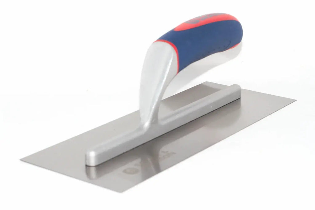 Spear & Jackson plastering trowel -  metal trowel with a rectangular steel blade and a curved handle featuring a blue, red, and white grip, shown on a plain white background.