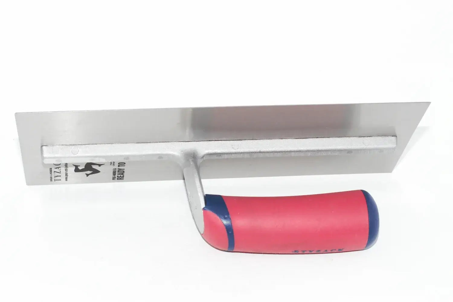 Spear & Jackson Tyzack 11" Trowel, a  metal float with a red and blue plastic handle, shown on a plain white background.