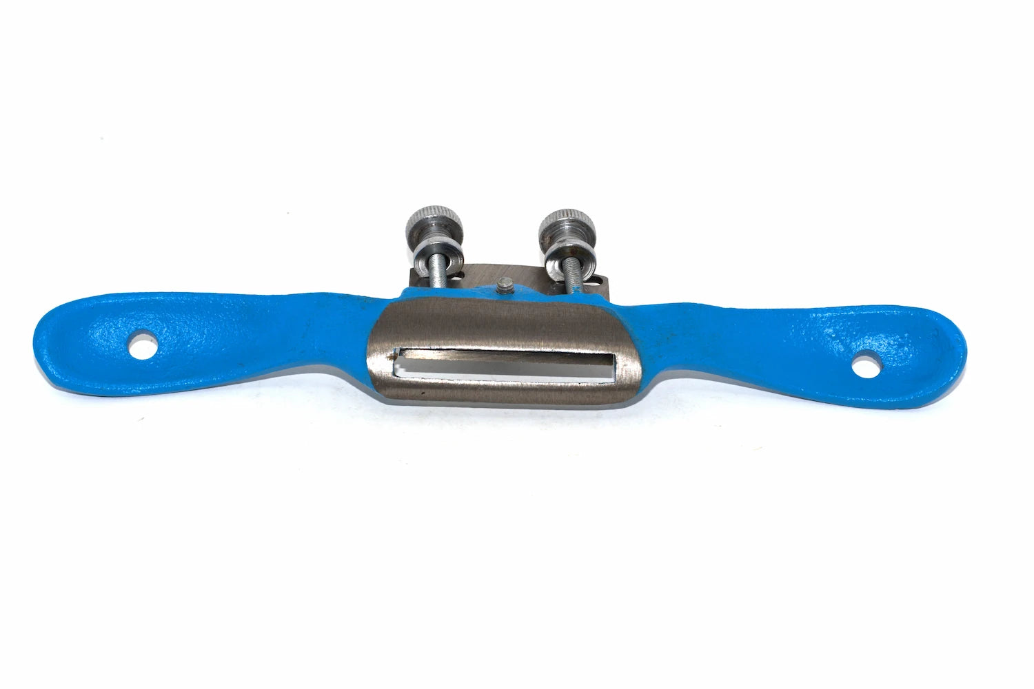 Silverline Convex spokeshave 250mm a blue and silver metal tool with two screw knobs and a central slot, photographed on a plain white background.