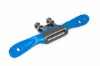 Silverline convex spokeshave 250mm a blue and gray metal tool with a textured handle and two silver adjustment screws, shown on a plain white background.