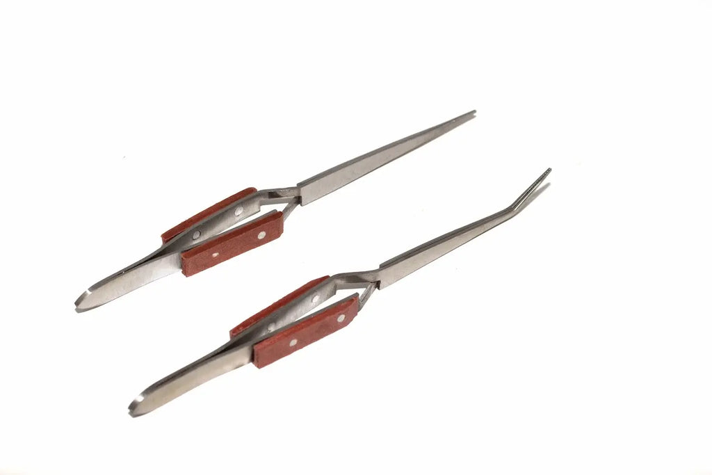Silverline 2pc Cross Action Tweezers by Cherry Tree Tools, stainless steel with fibre grip handles