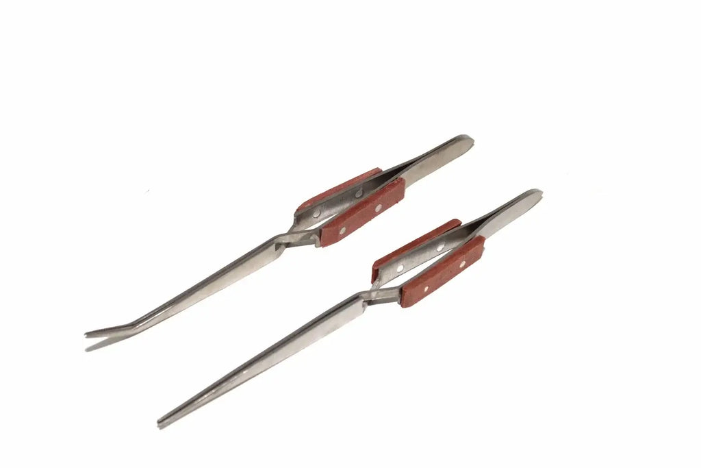 Silverline 2pc Cross Action Tweezers by Cherry Tree Tools, stainless steel with serrated jaws and fibre grips